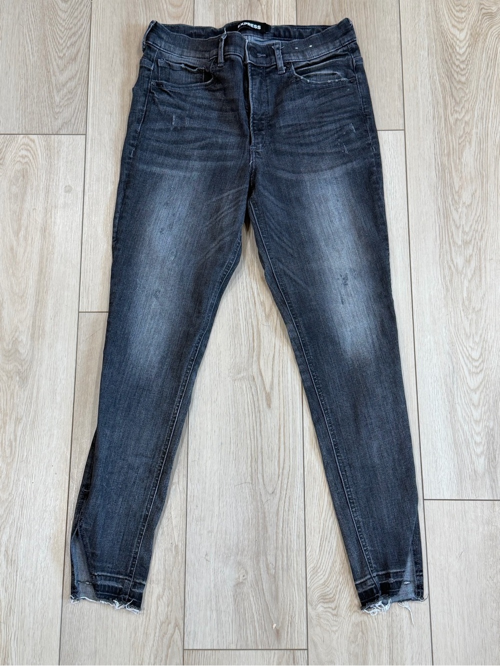 Express Denim Perfect High Rise Ankle Jeans Size 10 Black Gray Split Hem